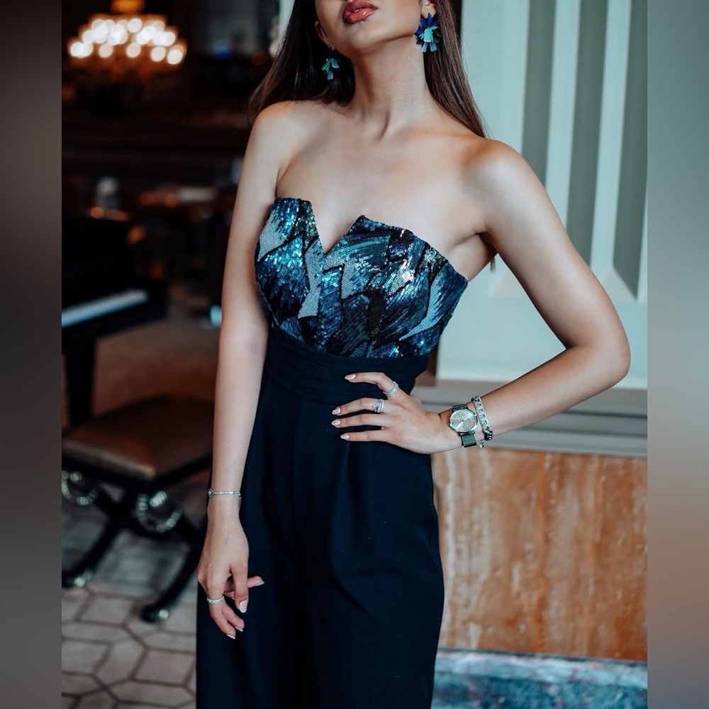 Black Strapless Sequin Evening Jumpsuit